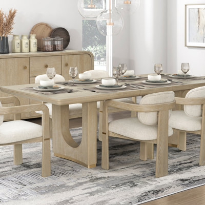 Modern Oak 7-Piece ExtensionExtension Leaf Dining Set with Beige Curved Back Chairs