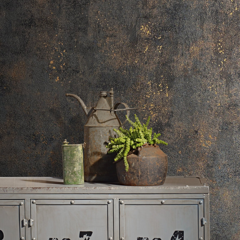 Textures Collection Industrial Distressed Plain Metallic Elements Finish Wallpaper Roll, Black/Gold