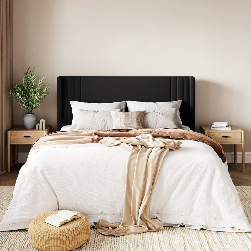 Low-Profile Velvet Upholstered Platform Bed with Wingbacks, Black, Queen