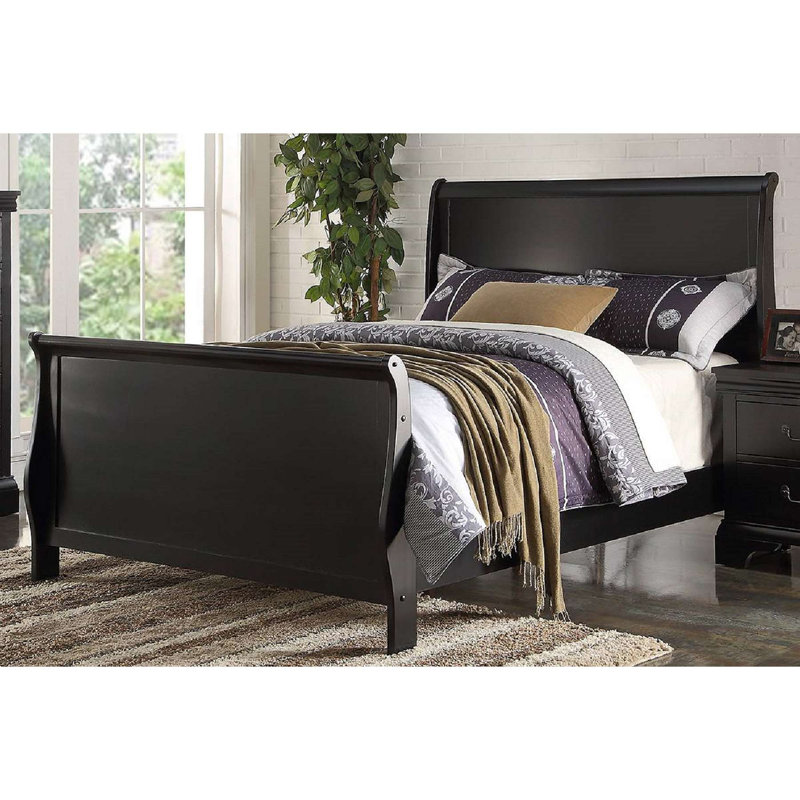 Modern 1Pc Bed Sleigh Design Headboard Footboard Plywood 1Pc Bedframe Louis Phillippe Bedroom Furniture, Twin, Black