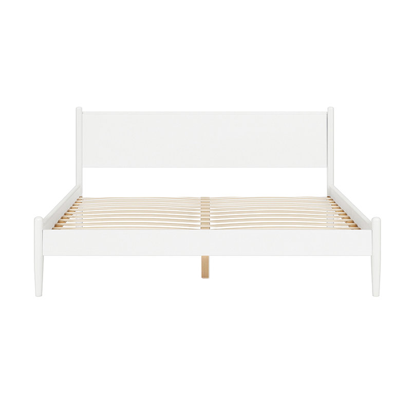 Lit plateforme Eastern Mid-Century moderne blanc, pas de sommier nécessaire, pieds fuselés ronds, ensemble de lattes pour chambre à coucher avec atmosphère de détente très grand, moderne, blanc, ensemble, espace
