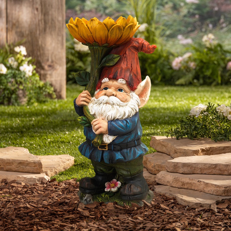 18.9-Inch Whimsical Garden Gnome Statue – Detailed Resin Figurine Holding Large Yellow Sunflower Decor