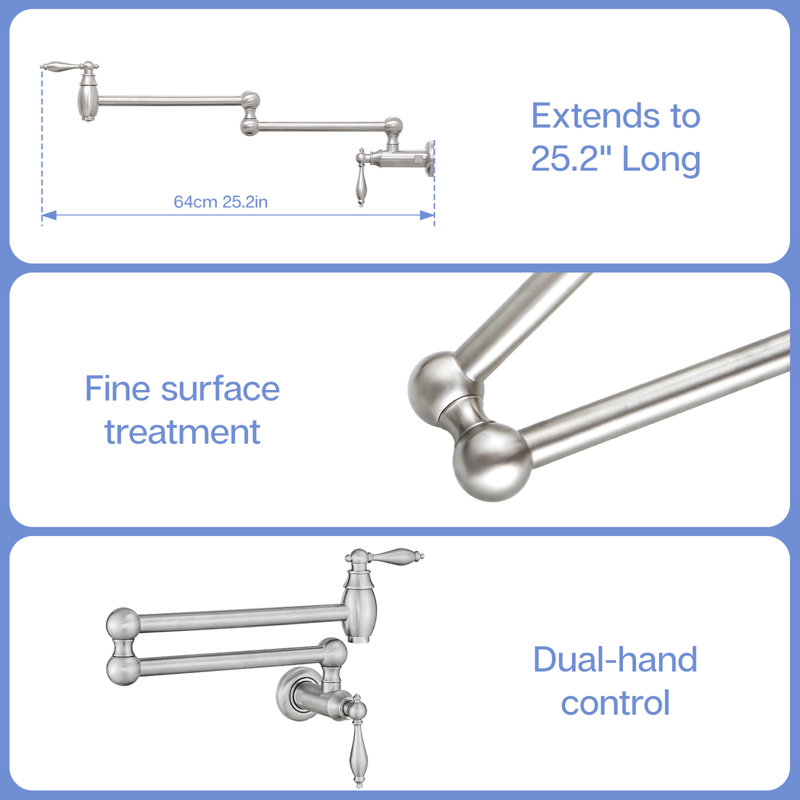 Abubacarr Kitchen Pot Filler, Wall Mounted Commercial Faucet With Double Joint Swing Arms, Brushed Nickel, Brass Construction, Style A, Contemporary Look, Safe And Stable, 360 Rotation Mount Nickel Faucet,