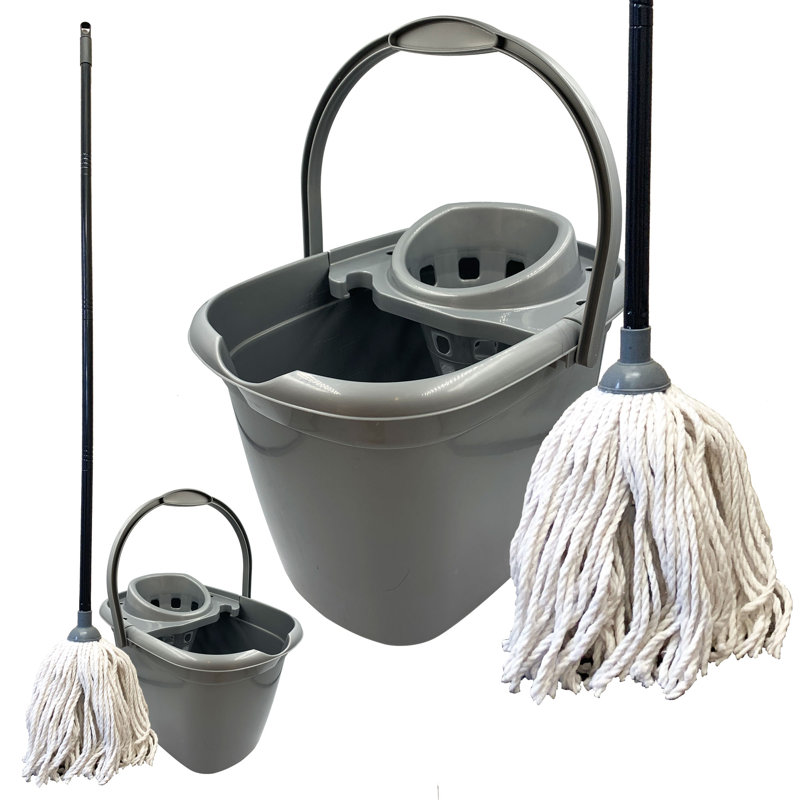 Traditional Pure Cotton Mop and Bucket Set 12L Grey Floor Cleaner with Wringer