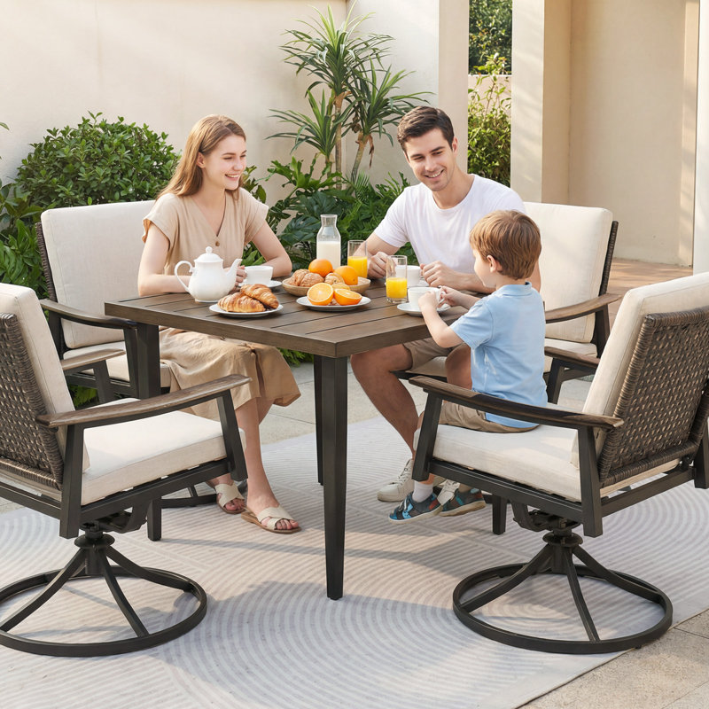 Outdoor 4 Person Dining Set, 4 Rattan Swivel&Rocking Chairs And Cushions