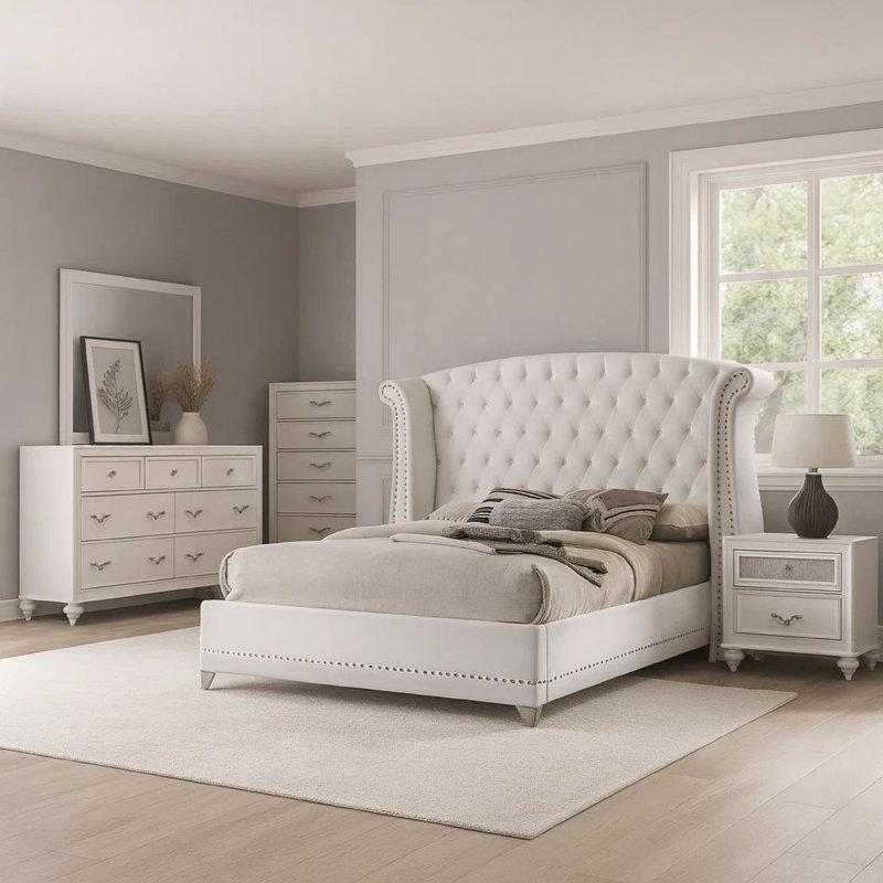 Ensemble de chambre à coucher 5 pièces Dini Glam, capitonné à oreilles en velours blanc, Grand