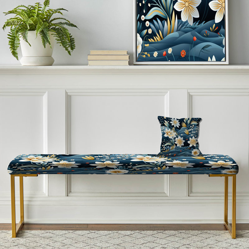 Beige et bleu sarcelle, motif floral bord de mer - banc rembourré floral doré