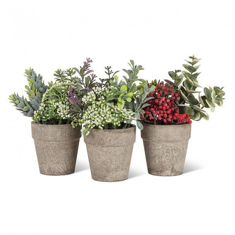 Small Mixed Greenery With Pink Buds In A Pot Faux Plants And Trees
