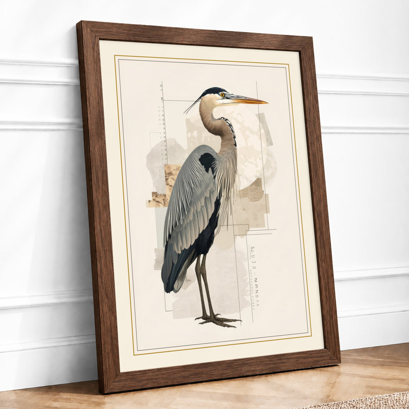 Great Blue Heron Botanical - Framed Print, A2 - 59.4 x 42.0 cm, Walnut