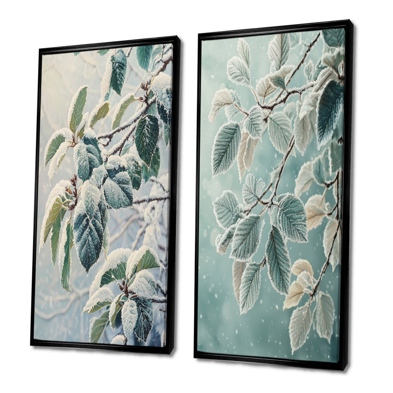 Snowy Leaves In The Forest I - Art mural floral 2 panneaux, H 28 po x l 25 po, Cadre flottant noir