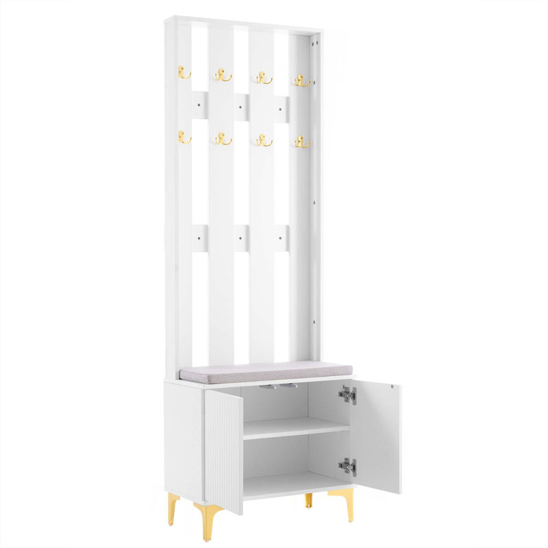 Portemanteau 4-en-1 de luxe moderne avec coussin, portemanteau polyvalent avec 8 crochets et pieds, banc d'entrée avec tablettes réglables et portes cannelées pour le couloir et le salon