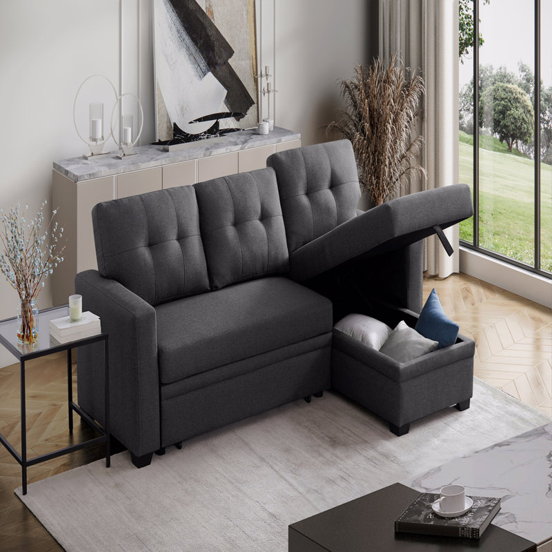 Canapé modulaire convertible rembourré avec méridienne coulissante, Lin gris foncé, Orienté à droite