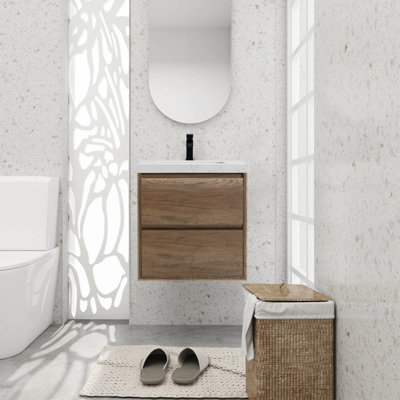 Wall-Mounted Bath Vanity In Antique Oak With Engineered Marble Top