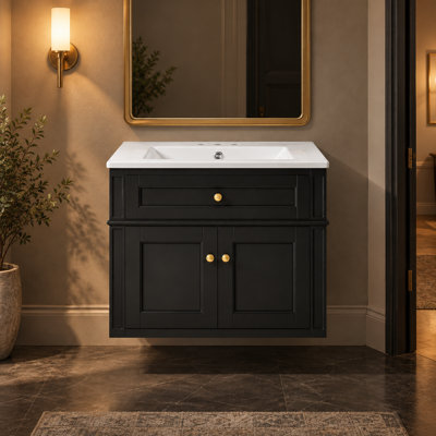 Meuble-lavabo mural moderne de 61,2 cm (24,12 pouces), armoire à 2 portes avec lavabo en céramique et charnières à fermeture douce.