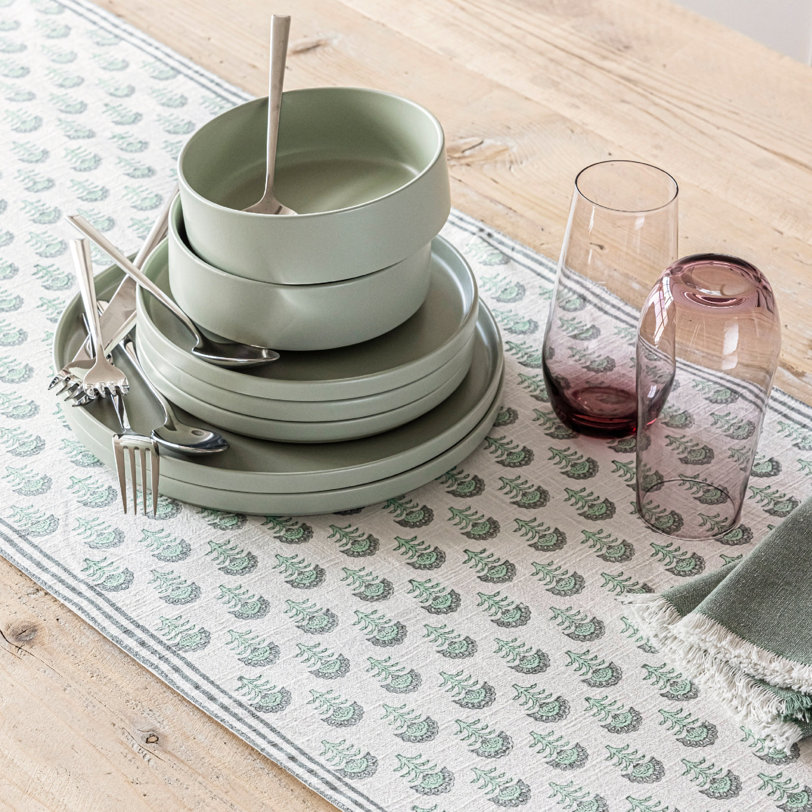 over&back Hand-Blocked 108" Table Runner, 18" W x 108" L, Green Flower