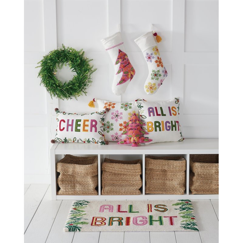 Colorful Holiday Cheer Embroidered Pillow with Pom Poms