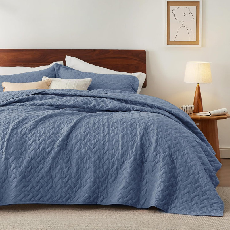 Quilts Lightweight Bedspreads with Basket Weave Pattern, Soft Quilt Bedding Set, Hazel Comforter Set Coverlet, Windward Blue