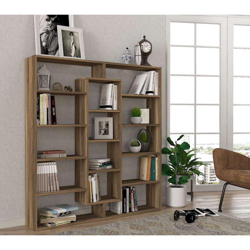Modern Walnut Bookshelf, 49.2 x 53.4 x 8.7 inches | 100% Melamine Coated Particle Board, Thickness: 0.7 inches | Numerous Shelves, Wall-Mountable, Additional Storage | Stylish & Functional for Home or Office