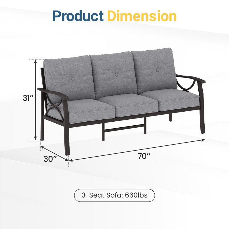 70" 3‑Person Patio Sofa with Heavy‑Duty Metal Frame, Outdoor Sofa with Advanced Anti‑Rust Coating for All Weather, Patio Sofa with Weather‑Resistant Cushions for Backyard, Deck, Garden