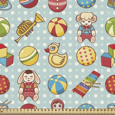 fab_58933_ Cartoon Fabric By The Yard, Vintage Old Toys Pattern On Polka Dotted Background Playful Theme, Decorative Fabric For Upholstery And Home Ac -  East Urban Home, 1ED942ED381541479CE7AED55B030C41