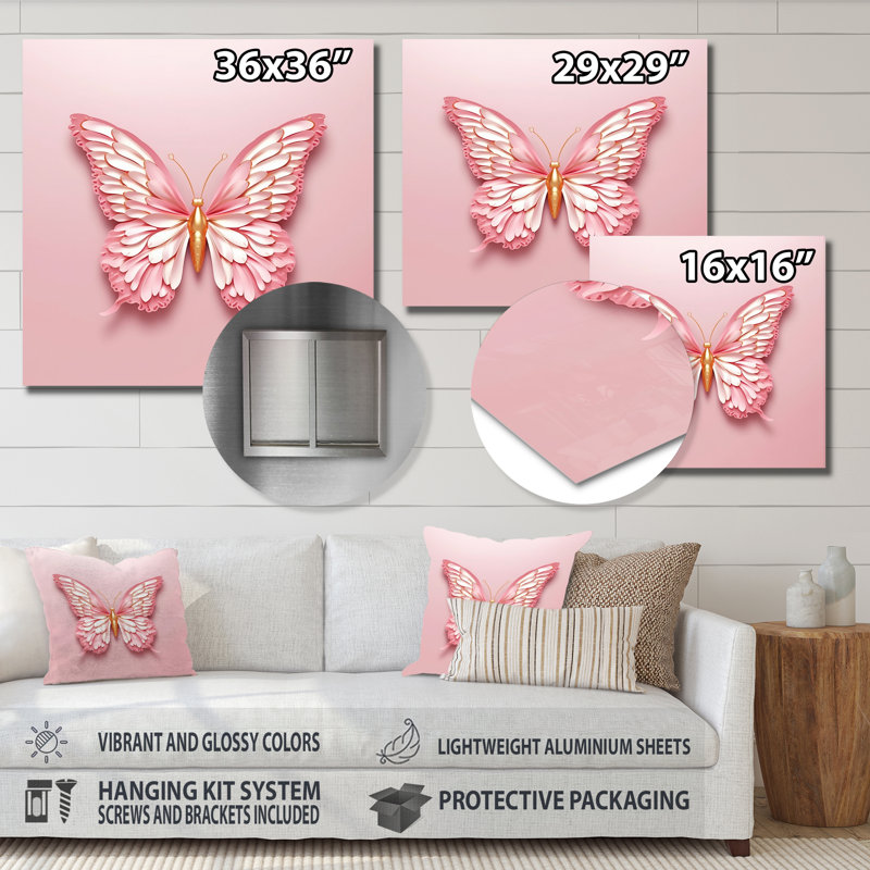 Art mural papillon en métal, décor d'insecte or rose - papillon rose et or III, H 29 po x l 29 po x P 1 po