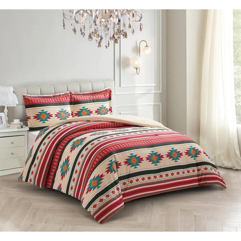 Microfiber Multicolor Southwestern Tribal Aztec Comforter Set, King Comforter + 2 King Shams, Cream/Red/Teal/Orange