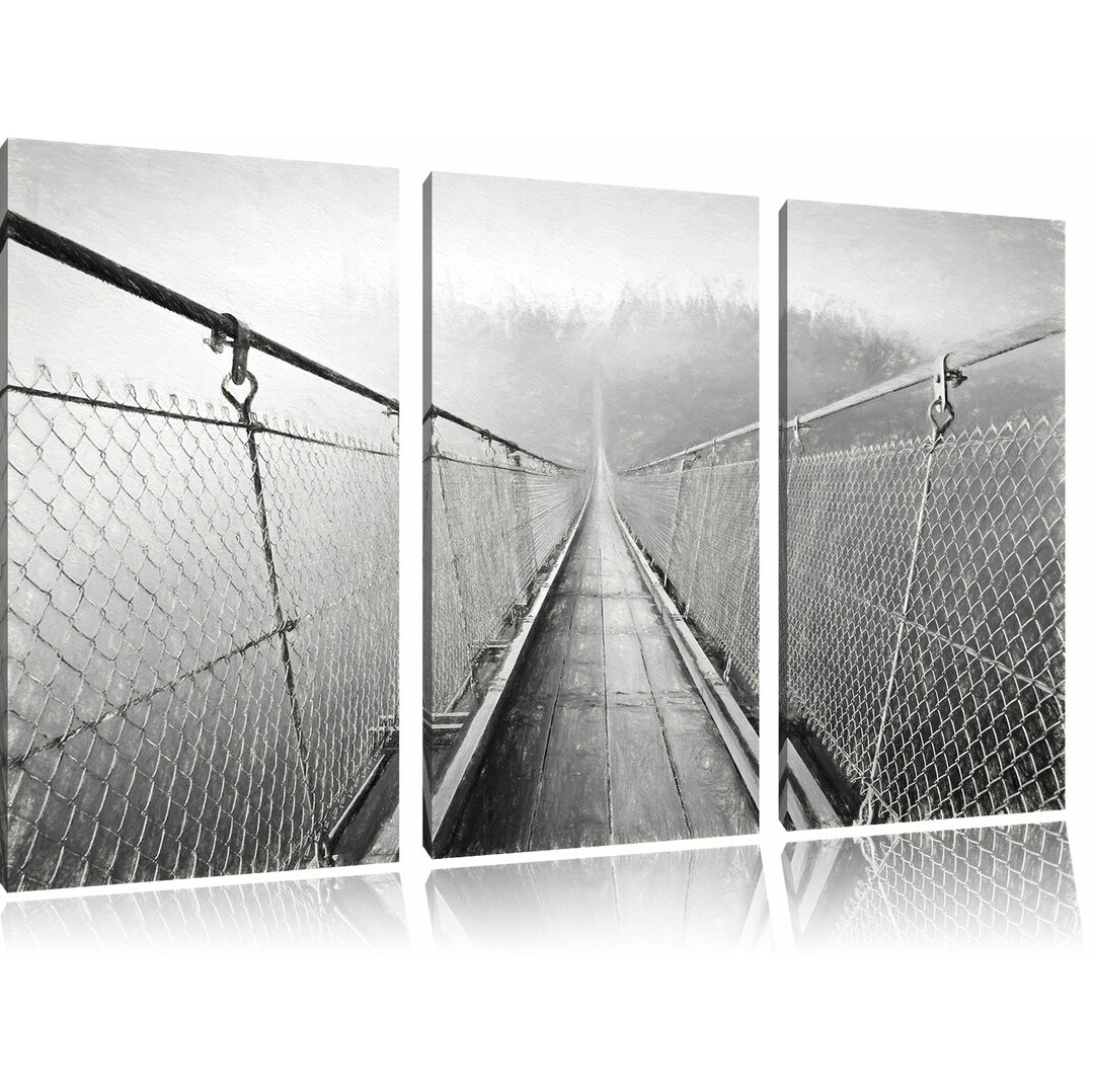 3-tlg. Leinwandbild-Set „Hängeseilbrücke im Nebelschimmer“, Kunstdruck