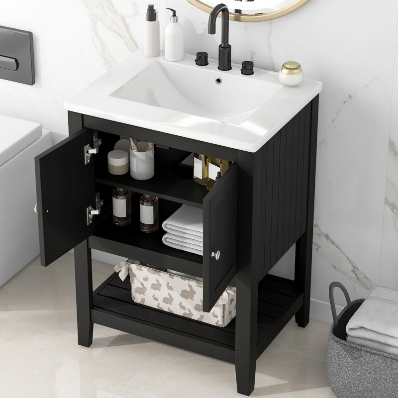 24'' Single Bathroom Vanity With Ceramic Top, Black