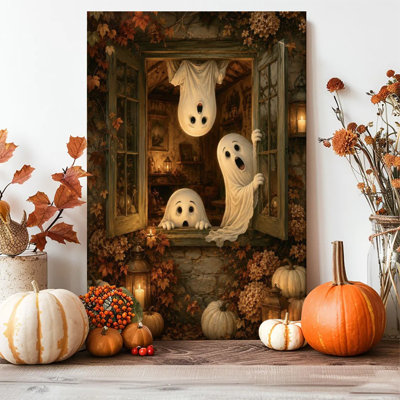 1pc Framed Canvas Wall Art Prints Poster, Halloween Cute Ghost Window Art Posters Canvas Print Painting for Living Room Bedroom Office Bathroom Dorm Home Decor, Ready To Hang