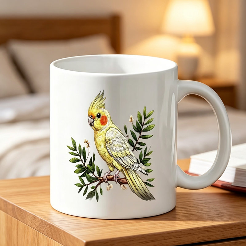 Charming Ceramic Mug with Yellow Cockatiel Bird on Green Branch Design - Ideal Gift for Bird Lover on Birthday Anniversary.