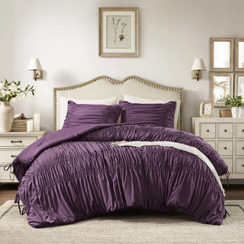 Édredon simple / simple TG en mauve, style romantique avec attaches, léger et pour toutes les saisons, mauve facile d'entretien 2 pièces, microfibre brossée, attaches polyvalentes