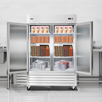 Congélateur commercial, porte double avec congélateur vertical de 32,2 po de largeur, congélateur en acier inoxydable à dégivrage automatique de 43,2 pieds cubes avec 8 tablettes réglables, contrôle de température de -11 à 14,, lumière DEL, 4 roues