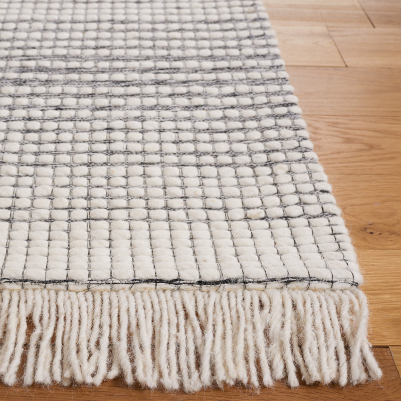Ivory and Black Handwoven Wool Striped Area Rug, 5' x 8'
