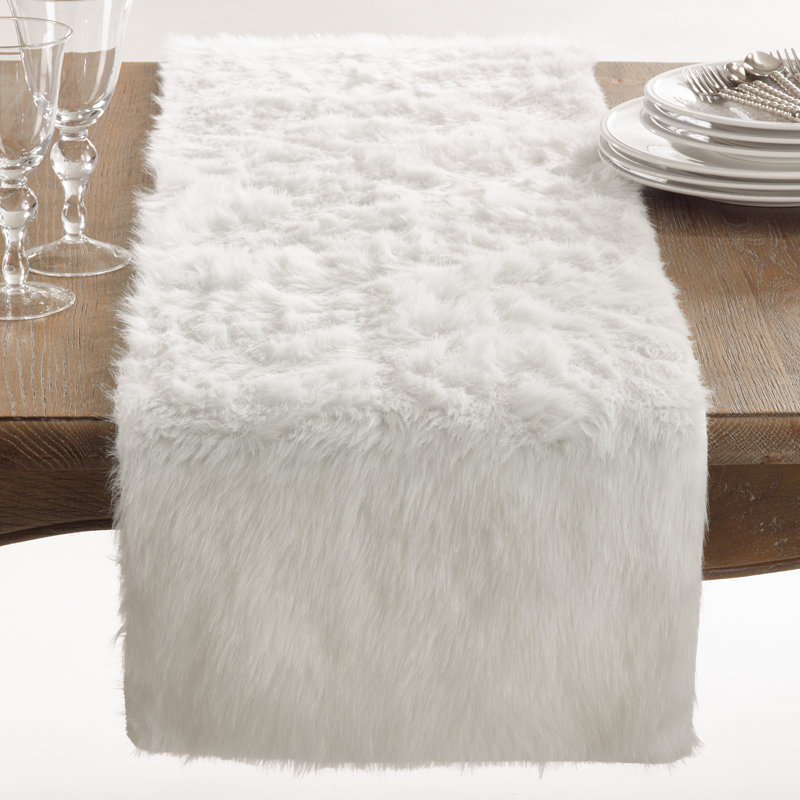 Chynia Faux Fur Polyester Rectangle Table Runner, White, 36" L x 15" W