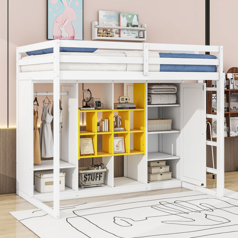 Lit mezzanine avec garde-robe, tablettes et armoire, Simple, Blanc / jaune