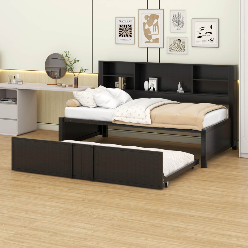 Lit de jour simple avec lit gigogne simple, lit de jour en métal avec tablettes de rangement et ports USB, Noir