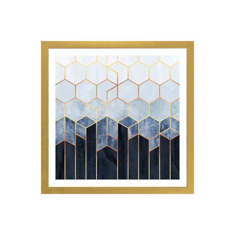 « doux blue hexagones » par elisabeth fredriksson-print, H 16 po x l 16 po x P 1 po, Papier encadré doré