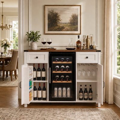 Armoire-bar 53,2 po Farmhouse avec prise de courant, mini espace réfrigérateur, buffet avec tiroirs et portes