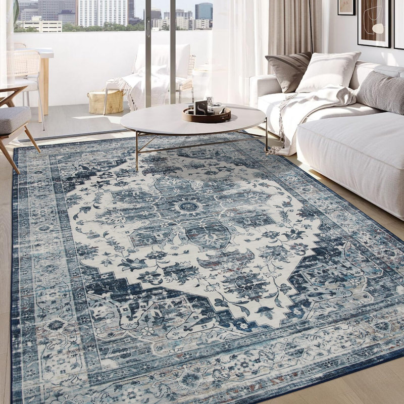 Area Rugs Non-Slip Washable Boho Living Room Rugs Foldable Vintage Floor Carpet Rug for Bedroom Dining Open Floor, Blue