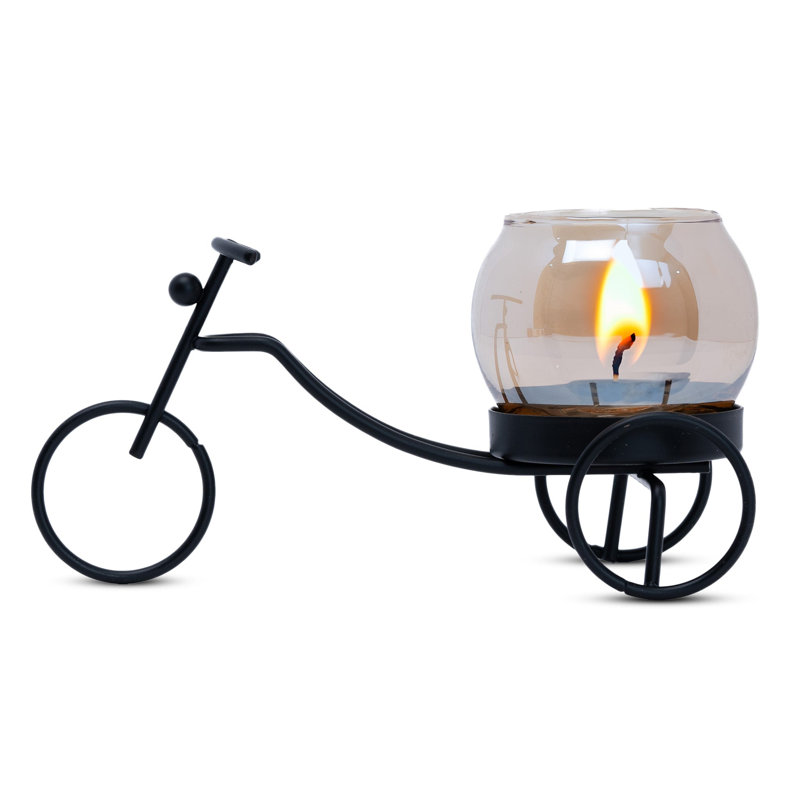 Porte-bougie rickshaw en fer rétro avec contenant à thé en verre, table de 3 po, bureau, décor d'autel