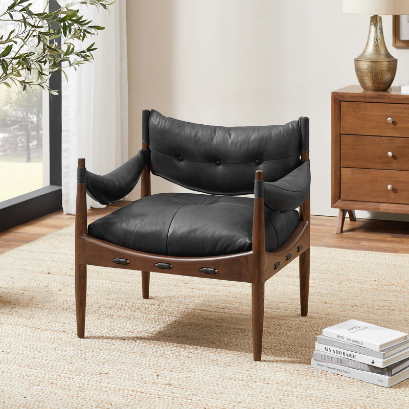 Ramira Top grain Genuine Leather Armchair with tufted button, Black