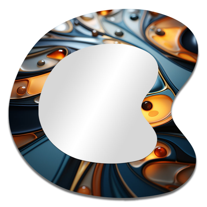 Or et émeraude fractale vague I - miroir mural décoratif asymétrique moderne abstrait fractal, 33 po x 33 po