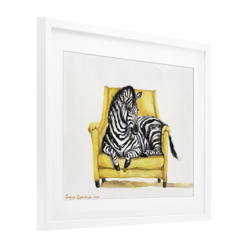 Mignon zèbre sur une chaise jaune, reproduction encadrée sous verre, conception de George Dyachenko, H 17 po x l 21 po