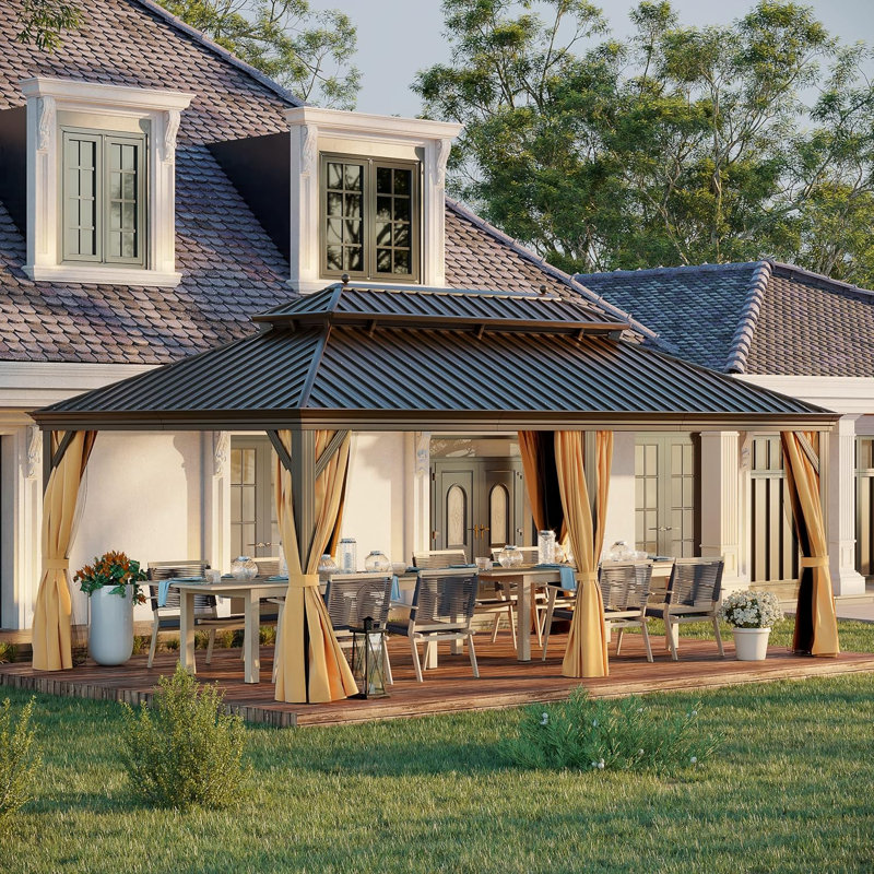 Hardtop Aluminum Patio Gazebo with Double-Vented Galvanized Steel Roof, Mosquito Netting & Privacy Curtains for Backyard, Garden, Deck & Poolside