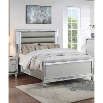 Silver Faux Leather Modern Queen Bed With Horizontal Tufting, Led Lights, Mirror Glass, Round Gourd Legs Size Legs, Frame