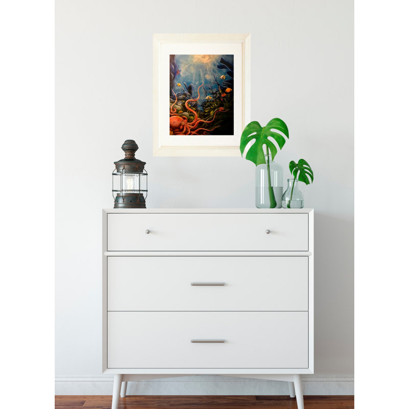 «Deep Sea Life» par Ed Capeau - reproduction d'art, H 22,5 po x l 18,5 po x P 1 po, Papier encadré blanc, Blanc