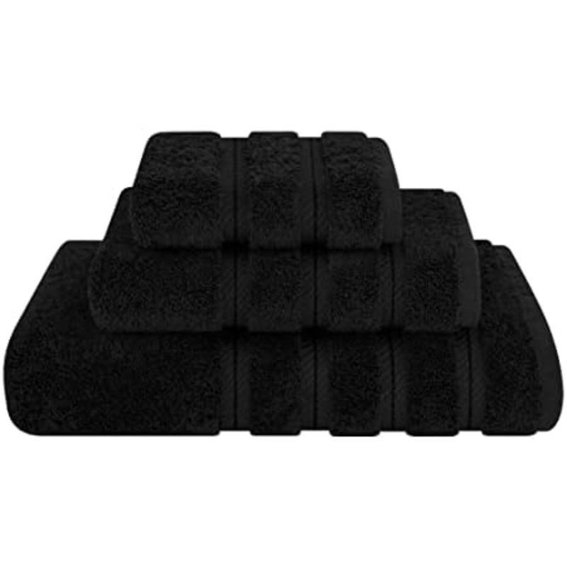 Premium 3 Piece Towel Set, 1 Bath Towel 1 Hand Towel 1 Washcloth, 600 GSM 100% Cotton Turkish Towels For Bathroom, Black Towel Set