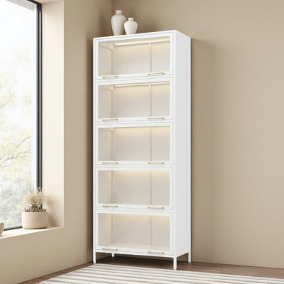 Vitrine de 76,75 po en fer avec portes en verre, bibliothèque en acier à 5 niveaux avec lumières DEL pour objets de collection, vitrine de style moderne pour le bureau