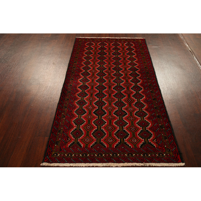 Tapis rouge Balouch en laine nouée à la main de conception unique 3 pi 4 po x 6 pi 3 po Triana
