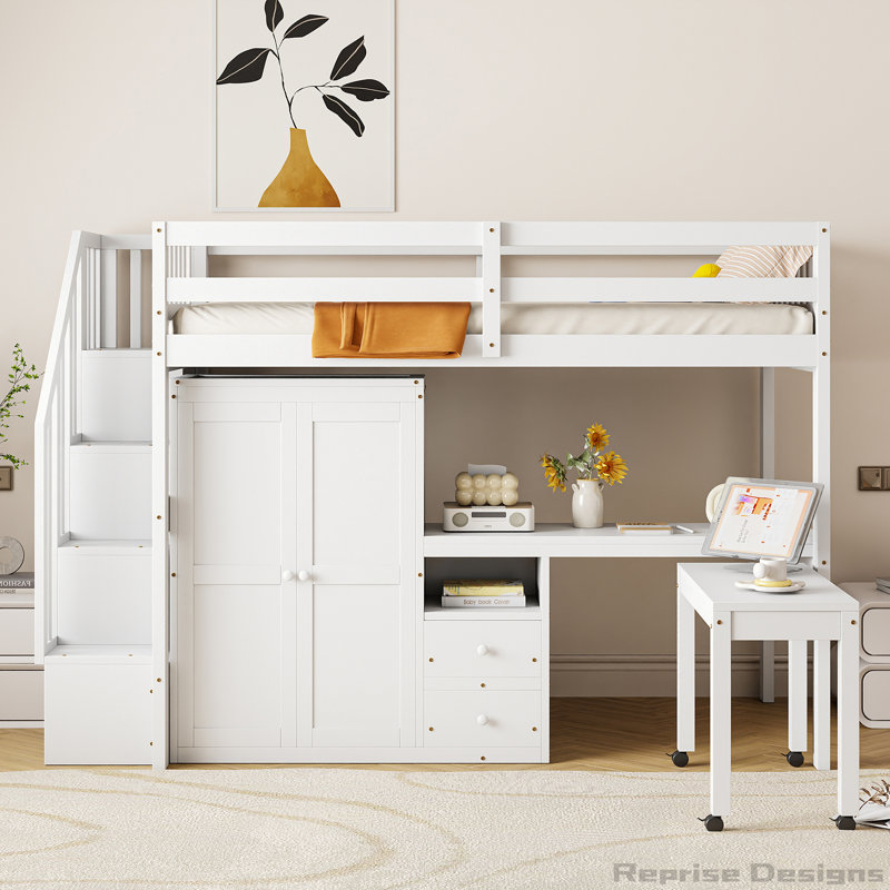 Bureau et garde-robe - Lit mezzanine multifonctionnel peu encombrant, Lit simple, Blanc